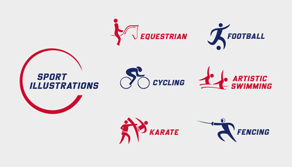Sport logos set. Equestrian, football, cycling, artistic swimming, karate, fencing vector illustrations