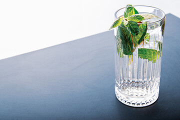 Closeup detail view of a glass of mojito in studio