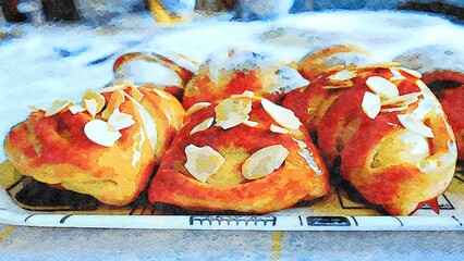 Watercolor of a small tray of sweets filled with custard with almonds and icing sugar on top.