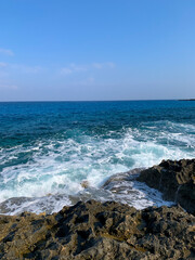 Rocky sea coastline, blue sea, seascape