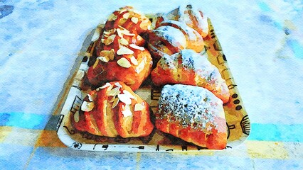 Watercolor of a small tray of sweets filled with custard with almonds and icing sugar on top.