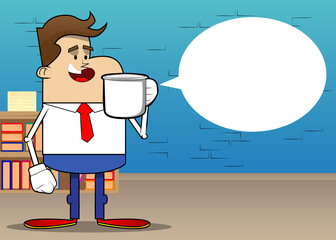 Simple retro cartoon of a businessman holding big mug. Professional finance employee white wearing shirt with red tie.