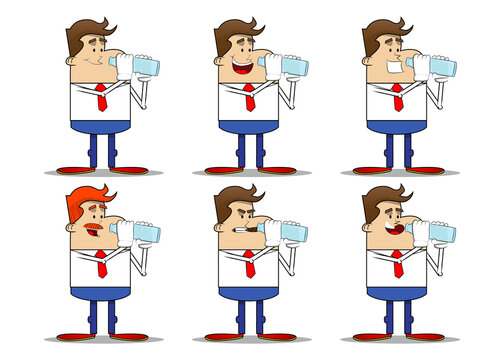 Simple retro cartoon of a businessman drinking water from a glass bottle. Professional finance employee white wearing shirt with red tie.
