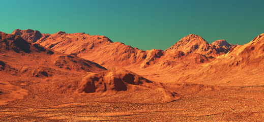 Mars planet landscape scenery, 3d render of imaginary mars planet terrain, orange desert with mountains, realistic science fiction illustration.