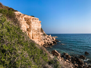 Rocky sea coastline, blue sea, seascape