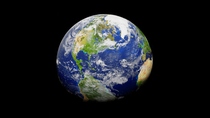 Earth planet  in deep space. Cosmic background with earth globe isolated on black,  detailed 3D render illustration with NASA earth textures.