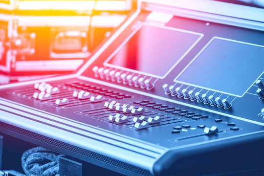 Sound mixer for sound engineer monitor and control audio channel for studio recording or boardcast