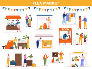 Flea market fair event, street fair, garage bazaar scene. Second hand street store, people sell food, clothing and plants vector illustration. Street sale market