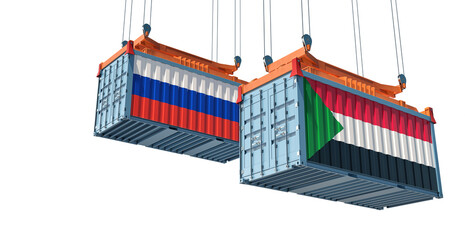 Cargo containers with Russia and Sudan national flags. 3D Rendering 