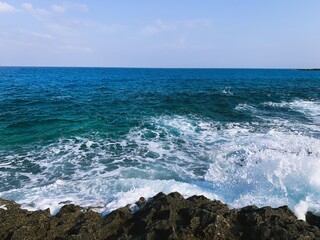 Fototapeta na wymiar Rocky sea coastline, blue sea, seascape