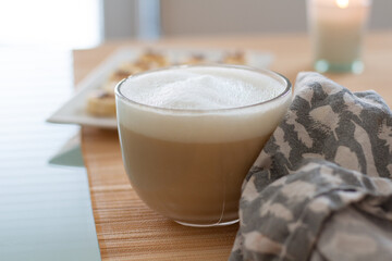 Fast homemade snack: banana canape with cacao nibs, Peanut butter and coffee. Delicious, healthy food