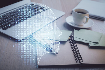 Double exposure of brain drawing and desktop with coffee and items on table background. Concept of research.