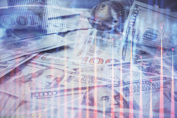 Multi exposure of forex chart drawing over us dollars bill background. Concept of financial success markets.
