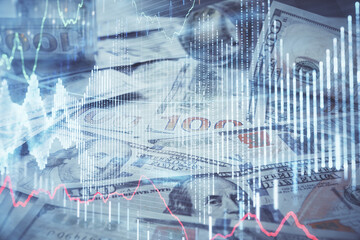 Multi exposure of forex chart drawing over us dollars bill background. Concept of financial success markets.