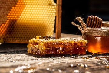 Close up. working bees on honey cells. Bees produce fresh, healthy, honey. Honey background. Beekeeping concept. Long banner format - obrazy, fototapety, plakaty