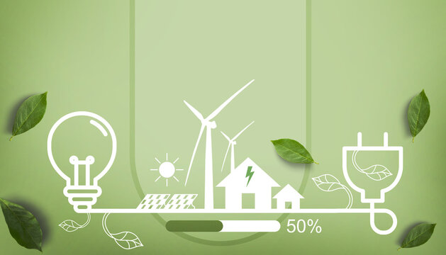 Abstract Background. Renewable Energy Concept and Earth Day for Natural Energy Sustainability and Living banner on Green. Saving, leave, protect, ecology, website -3d Rendering
