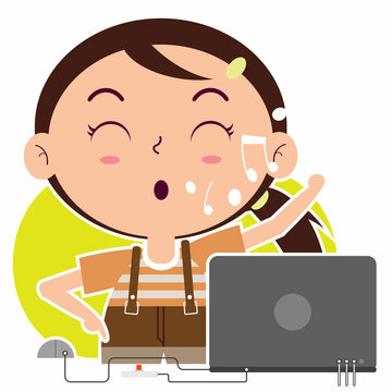 girl using laptop cartoon cute