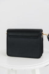Fashionable women's small leather clutch bag with strap. Isolated on a white background. Traditional clutch bag with a brooch. Gold hardware. Close-up details of the bag. Bottom, handles, strap, clasp