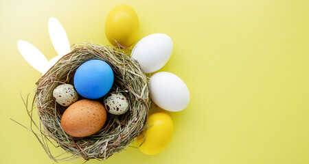 Easter background with colored Easter eggs on pink and spring tulip flowers. Top view with copy space