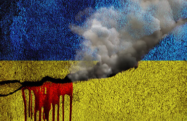 flag of Ukraine with bloody gunshot wounds and Kremlin Russia,  war conflict between the countries...