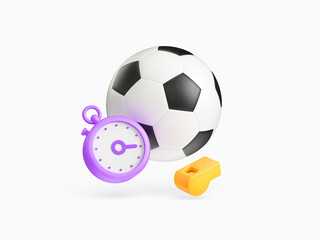 Icon Soccer ball with whistle and stopwatch. Sport metaphor, revealing the concept of sports training and the start of the season. 3d render - obrazy, fototapety, plakaty