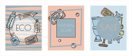 Bath doodle vector illustration. Hand draw banners of home bathroom hygiene accessories. Sketch icons for hotels, plumbing and cosmetics stores