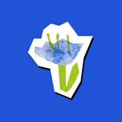 blue flower illustration in cut out paper technique. collage sticker on blue background 
