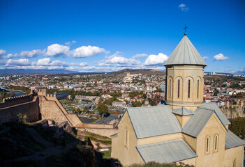 Fototapeta na wymiar View of Narikala Fortress, Nicholas Church and the old city of Tbilisi, the capital of Georgia. 
