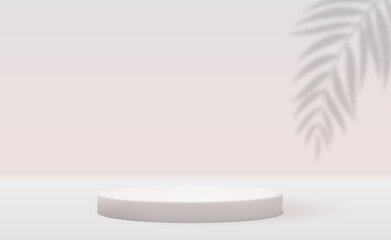 Obraz na płótnie Canvas White 3d pedestal background with realistic palm leaves shadow for cosmetic product presentation, fashion magazine. Copy space illustration