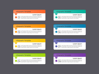 Modern infographics business design with 8 option concepts, parts, steps, arrows or processes can be used for workflow layout, diagram, number options, web design. infographic element.