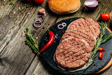 hamburger patties, minced meat for burger, beef lamb meat Burger steak, banner, menu, recipe place...