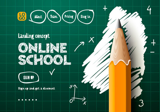 Online School web banner. Digital internet tutorials and courses, online education, e-learning. Doodle style