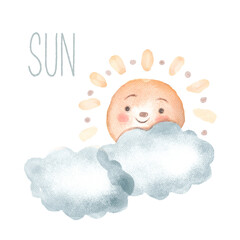 watercolor funny sun among the clouds