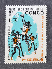 Cancelled postage stamp printed by Congo Democratic Republic, that shows Basketball, First...