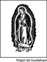 Vertical illustration of the Virgin Mary of Guadalupe on white the background.