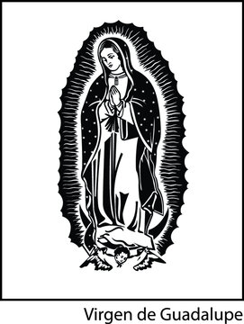 Vertical illustration of the Virgin Mary of Guadalupe on white the background.