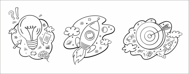 Black and white illustration with rocket, bulb and target. Vector hand drawn start up and idea for business symbols
