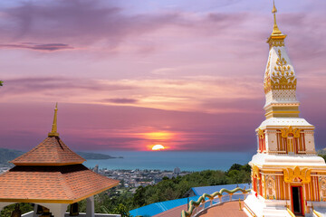 Buddah temple with beautiful views from top of mountain of Patong Phuket Thailand. Buddha religious...