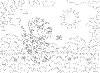Cheerful little boy backpacker with his tourist compass and rucksack, friendly smiling and walking through a forest glade on a warm sunny day of summer vacation, vector cartoon illustration