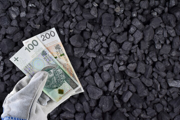 Polish currency showed on coal of mine deposit mineral resources background - obrazy, fototapety, plakaty