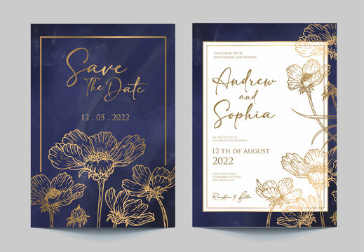 Royal blue watercolor wedding invitation with gold outline flower