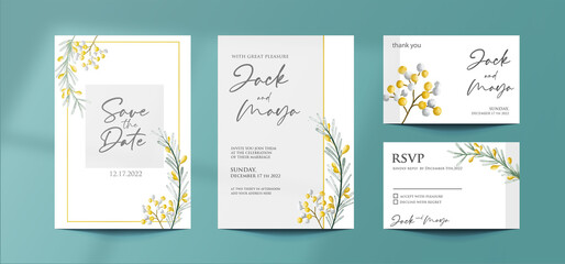 Fototapeta na wymiar Soft grey wedding invitation with watercolor flower hand painting 