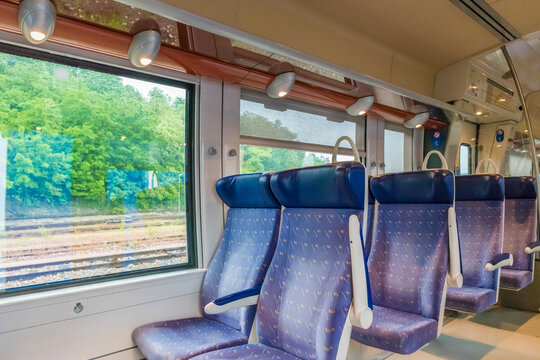 PARIS, FRANCE - MAY 30 2016: Train interior of the Transilien in France. The Transilien is the brand name of the suburban railway service of the SNCF.