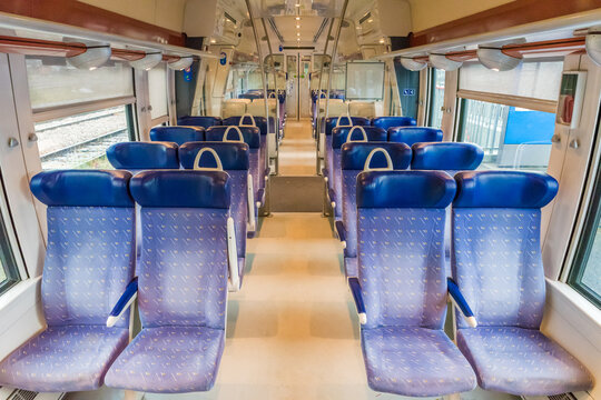 PARIS, FRANCE - MAY 30 2016: Train interior of the Transilien in France. The Transilien is the brand name of the suburban railway service of the SNCF.