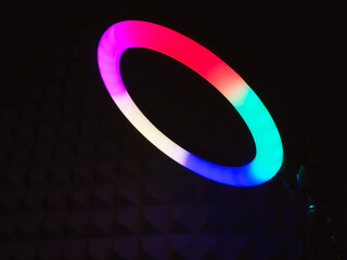 The light of the ring RGB lamp, a close-up shot. Ring lamp.