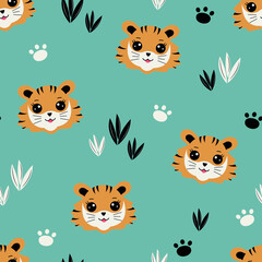 Cute tigers seamless pattern. Funny animals. Kids background with tiger cubs and footprints. Hand drawn vector illustration in Scandinavian style.