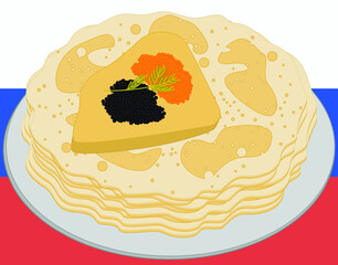 Russian food. Pancakes with black and red caviar. Vector illustration