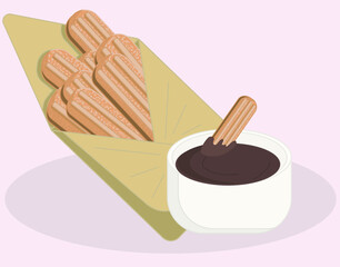 Mexican food churros in an envelope with chocolate sauce. Vector illustration