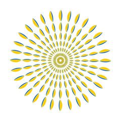 Floral abstract circular pattern in yellow and blue located on a white background. 