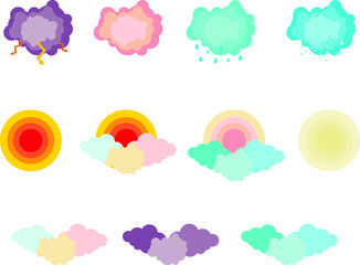 vector image of a set of weather symbols, snowfall, rain, heat, thunderstorm, cloud cover, winter sun